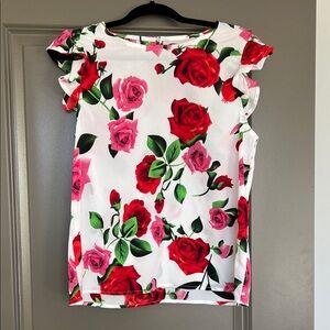 Floral Ruffle Sleeve Top - Red and Pink Roses
